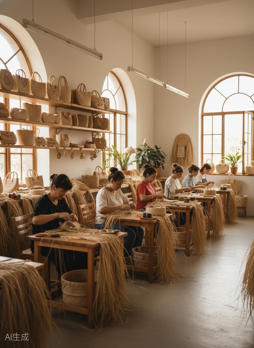 Artisans hand-weaving straw bags in our Qingdao workshop