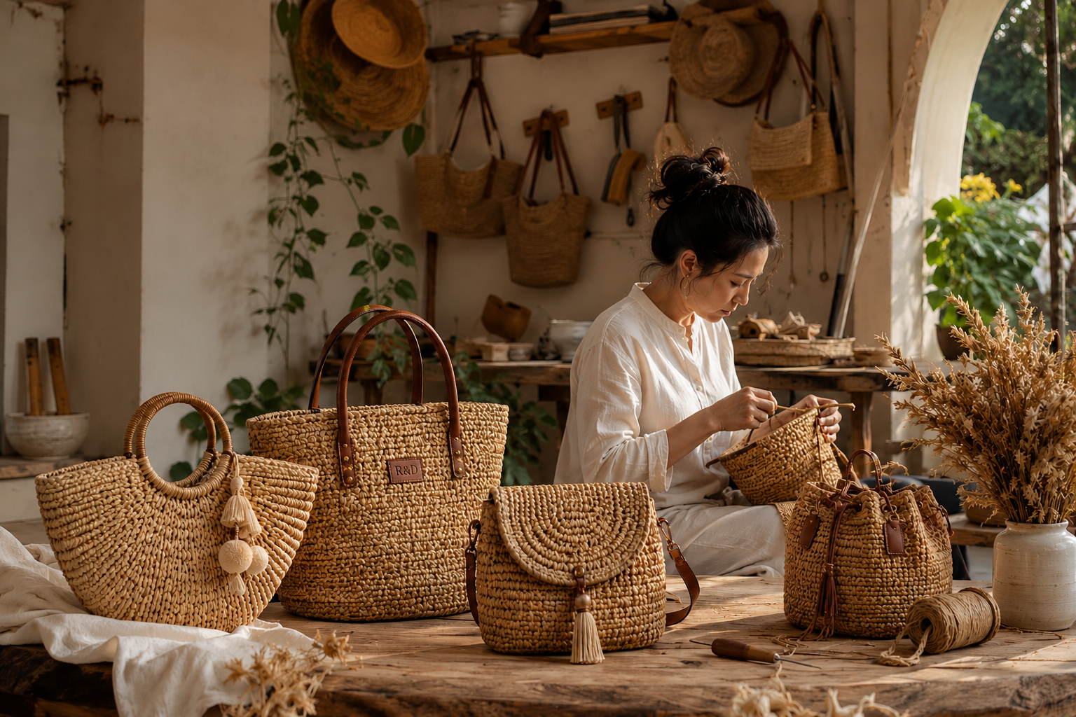 Beautifully crafted straw tote handbag with leather handles on green grass